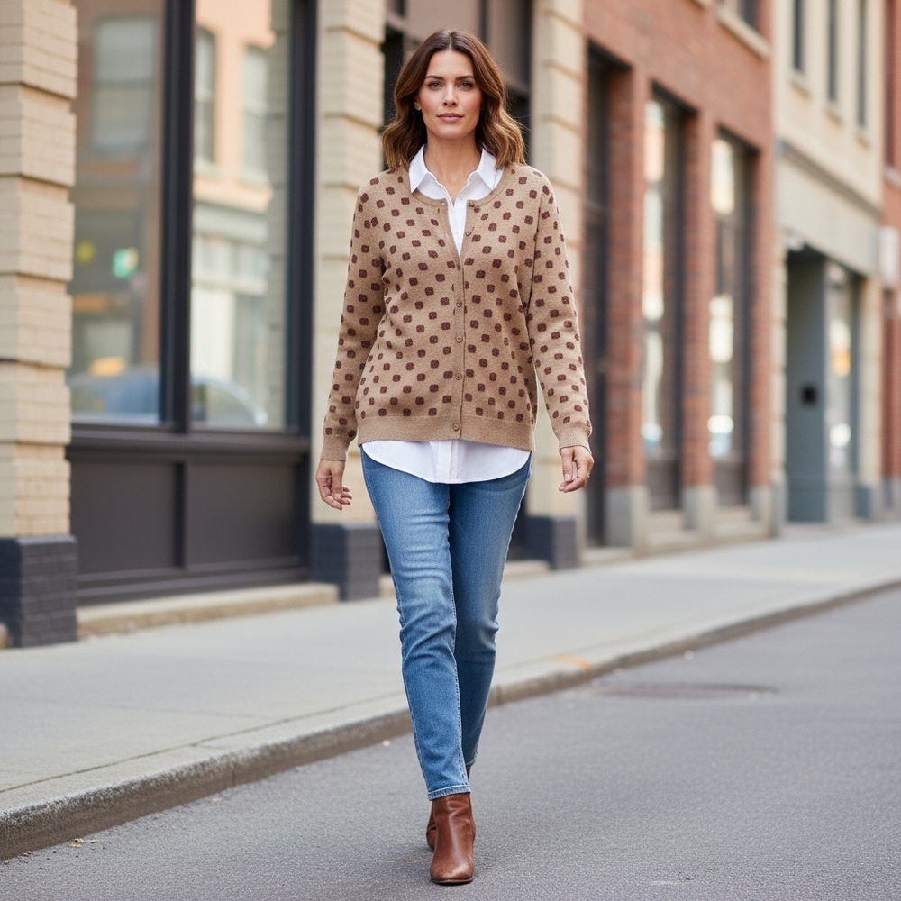 Old Navy Women’s XL Cardigan Sweater Tan Gold Metallic Polka Dots Cotton Blend